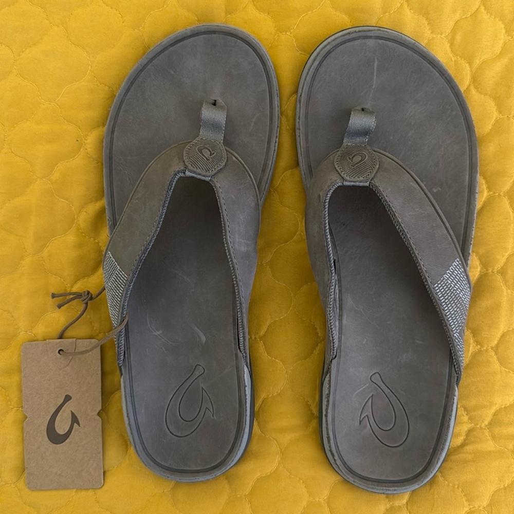 OluKai Tuahine Waterproof Leather Beach Sandals in Stone |  M 11